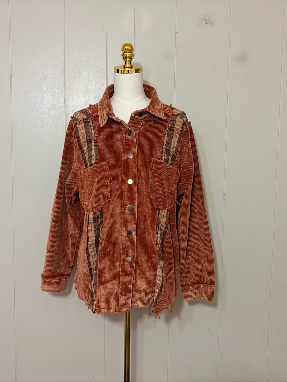POL Patchwork Corduroy Plaid Shacket Rust Brown Jacket Size L YWJ3 - Picture 2 of 15